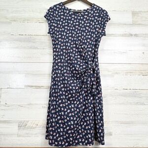 LOFT Petite Navy Blue Floral Cap Sleeve Faux Wrap Jersey Knee Length Dress MP